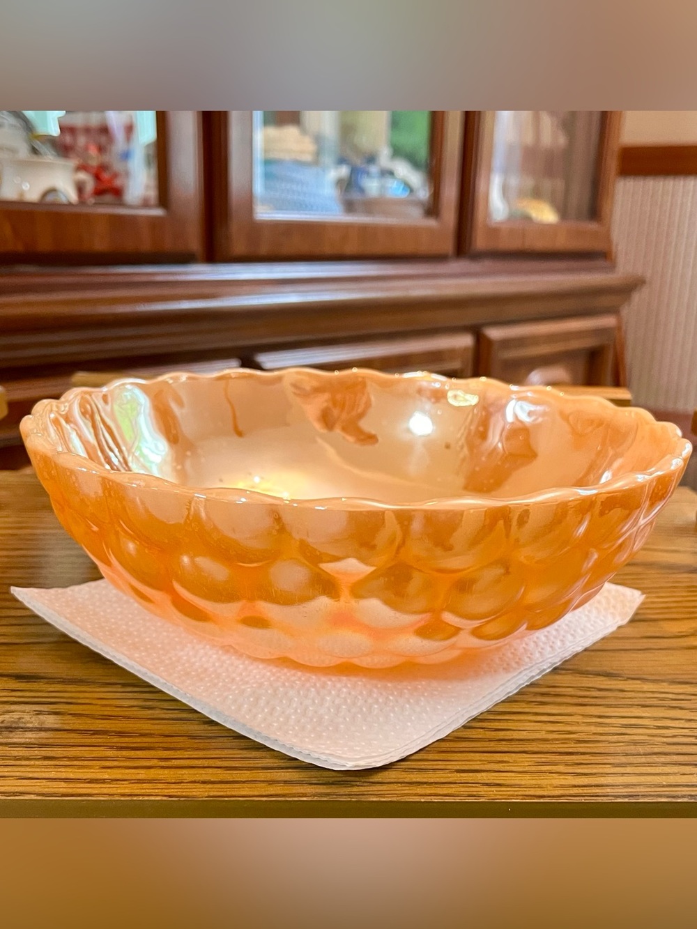 1950s Peach Lustre Glass Serving Bowl Bubble Glass Anchor Hocking